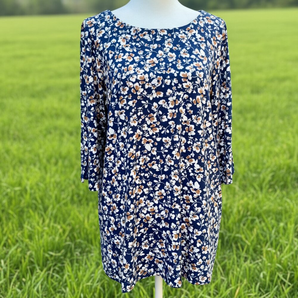J. Jill Wearever Knit Petite Small Navy Floral Tunic Top Boat Neck 3/4 Sleeve